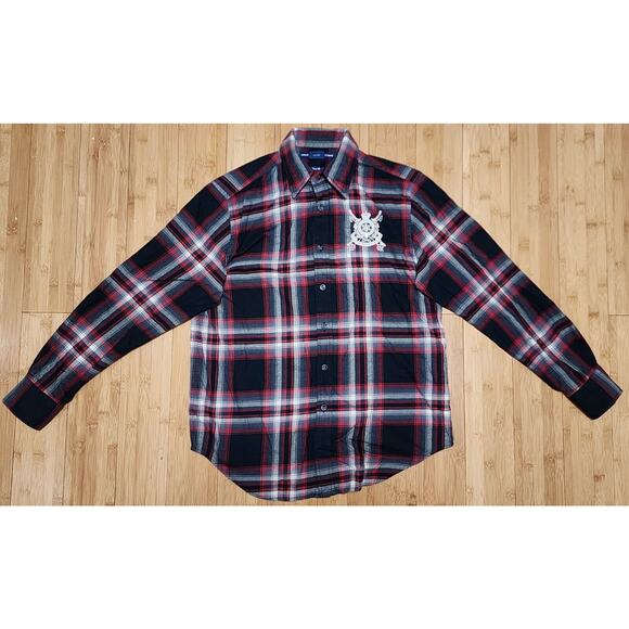 Ralph Lauren Sport Shirt Womens 12 Red Plaid Embroider Crest Flannel Classic Fit - Picture 2 of 11